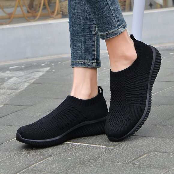 Women's Black Athletic Walking Casual Mesh-Comfortable Tennis Workout Sneakers - Picture 6 of 8